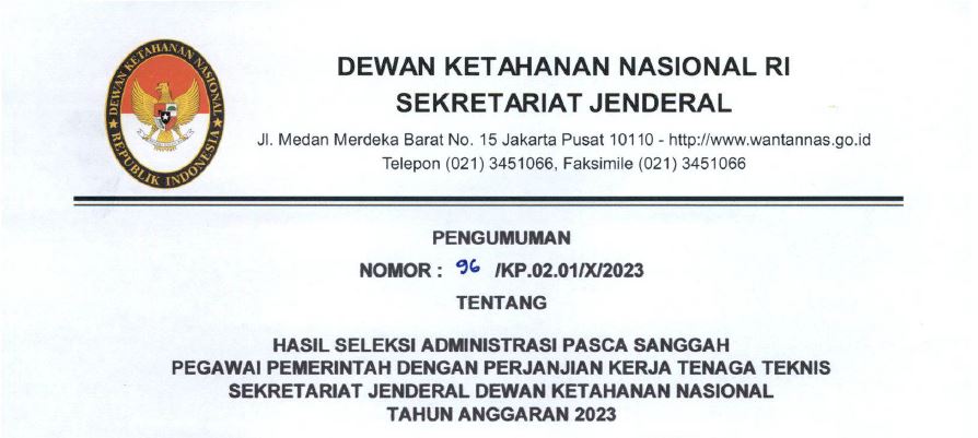 Pengumuman Hasil Seleksi Administrasi Pasca Sanggah PPPK Tenaga Teknis Wantannas RI TA 2023